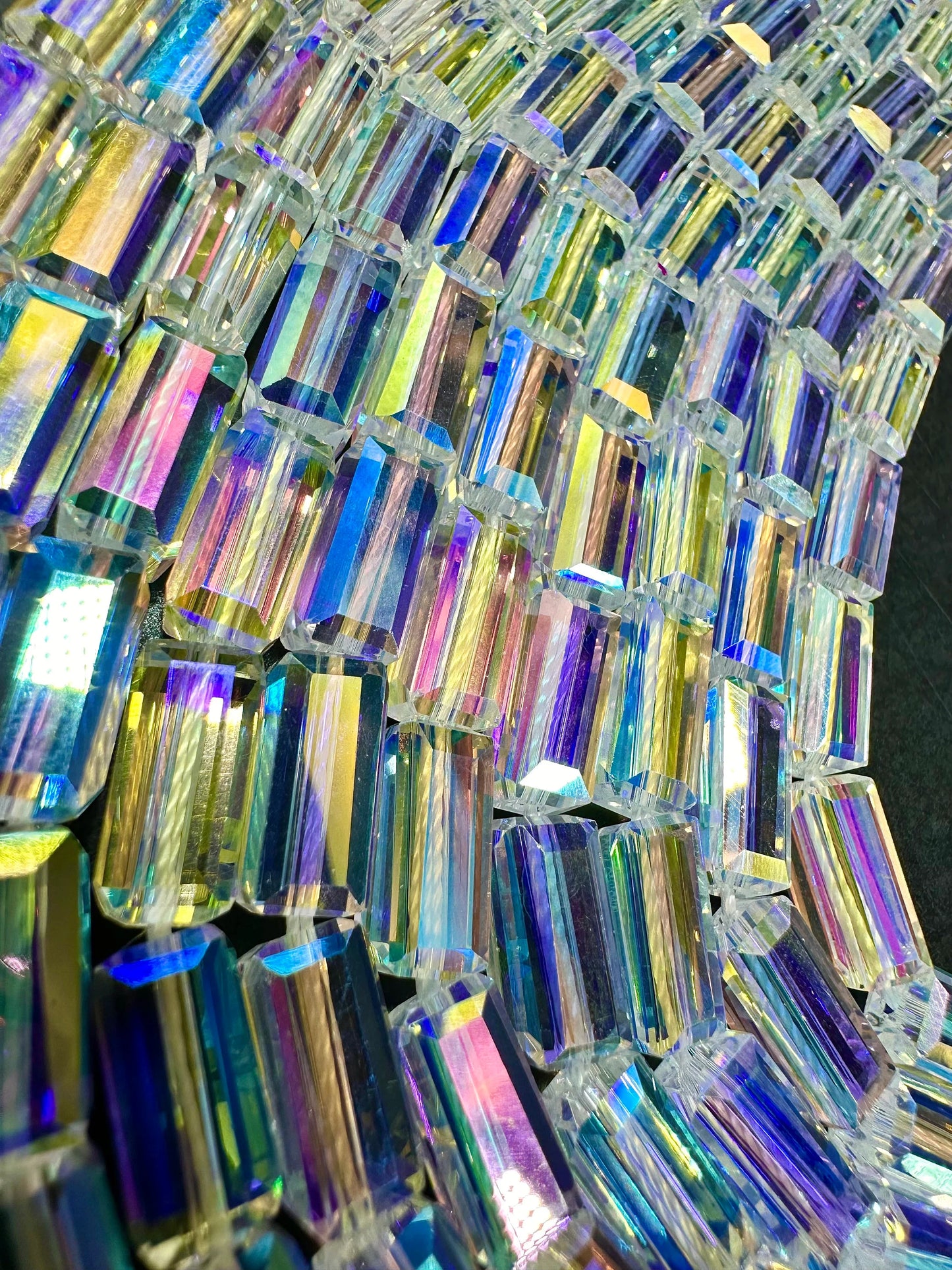 AAA High Quality Iridescent Crystal Bead Faceted 12x5mm Rectangle Shape Beads. Gorgeous Rainbow Flash Beads Great Quality Full Strand 15.5"