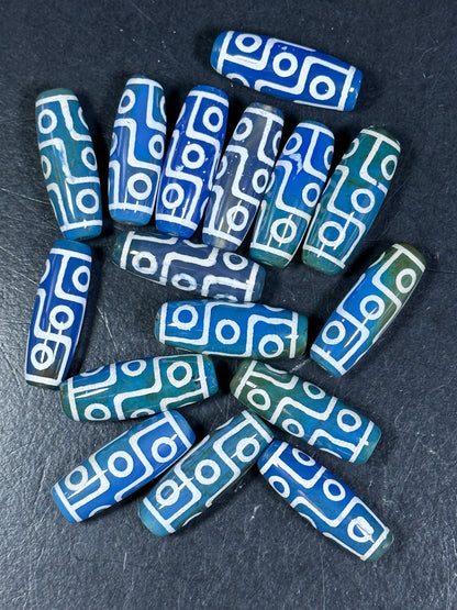 NATURAL Hand Painted Tibetan Agate Stone Bead 40x14mm Barrel Tube Shape Bead, Beautiful Blue Green Color Hand Painted Tibetan Loose Beads
