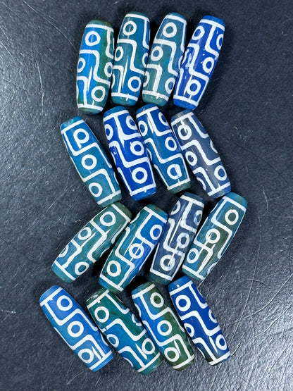 NATURAL Hand Painted Tibetan Agate Stone Bead 40x14mm Barrel Tube Shape Bead, Beautiful Blue Green Color Hand Painted Tibetan Loose Beads