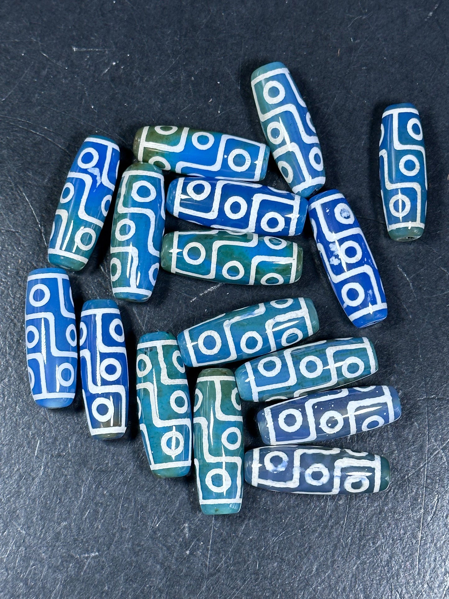 NATURAL Hand Painted Tibetan Agate Stone Bead 40x14mm Barrel Tube Shape Bead, Beautiful Blue Green Color Hand Painted Tibetan Loose Beads