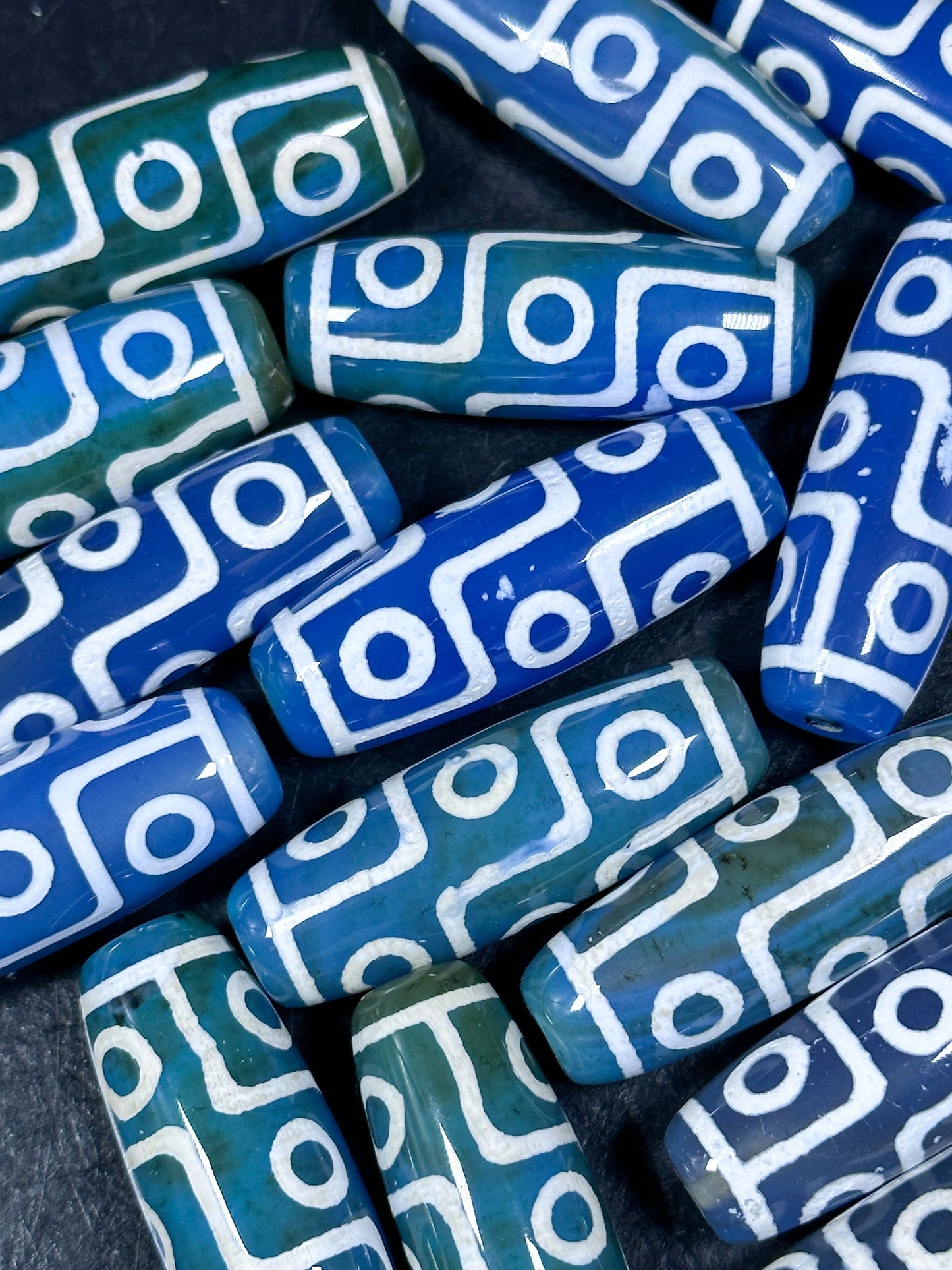 NATURAL Hand Painted Tibetan Agate Stone Bead 40x14mm Barrel Tube Shape Bead, Beautiful Blue Green Color Hand Painted Tibetan Loose Beads