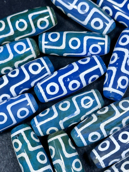 NATURAL Hand Painted Tibetan Agate Stone Bead 40x14mm Barrel Tube Shape Bead, Beautiful Blue Green Color Hand Painted Tibetan Loose Beads