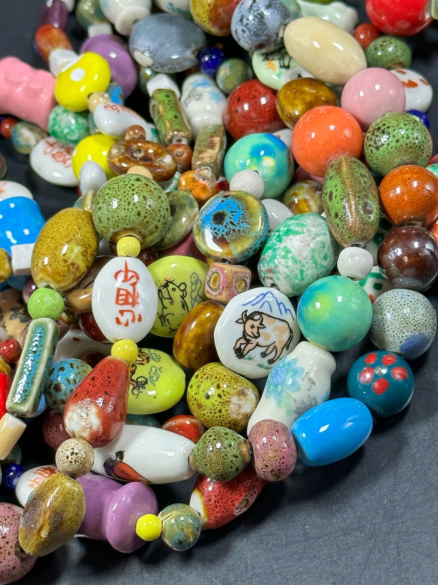 Mixed Hand Painted/Designed Beads Multiple Freeform Ceramic Beads, Beautiful Multicolor Beads Loose Craft Jewelry Beads Full Strand 15.5"