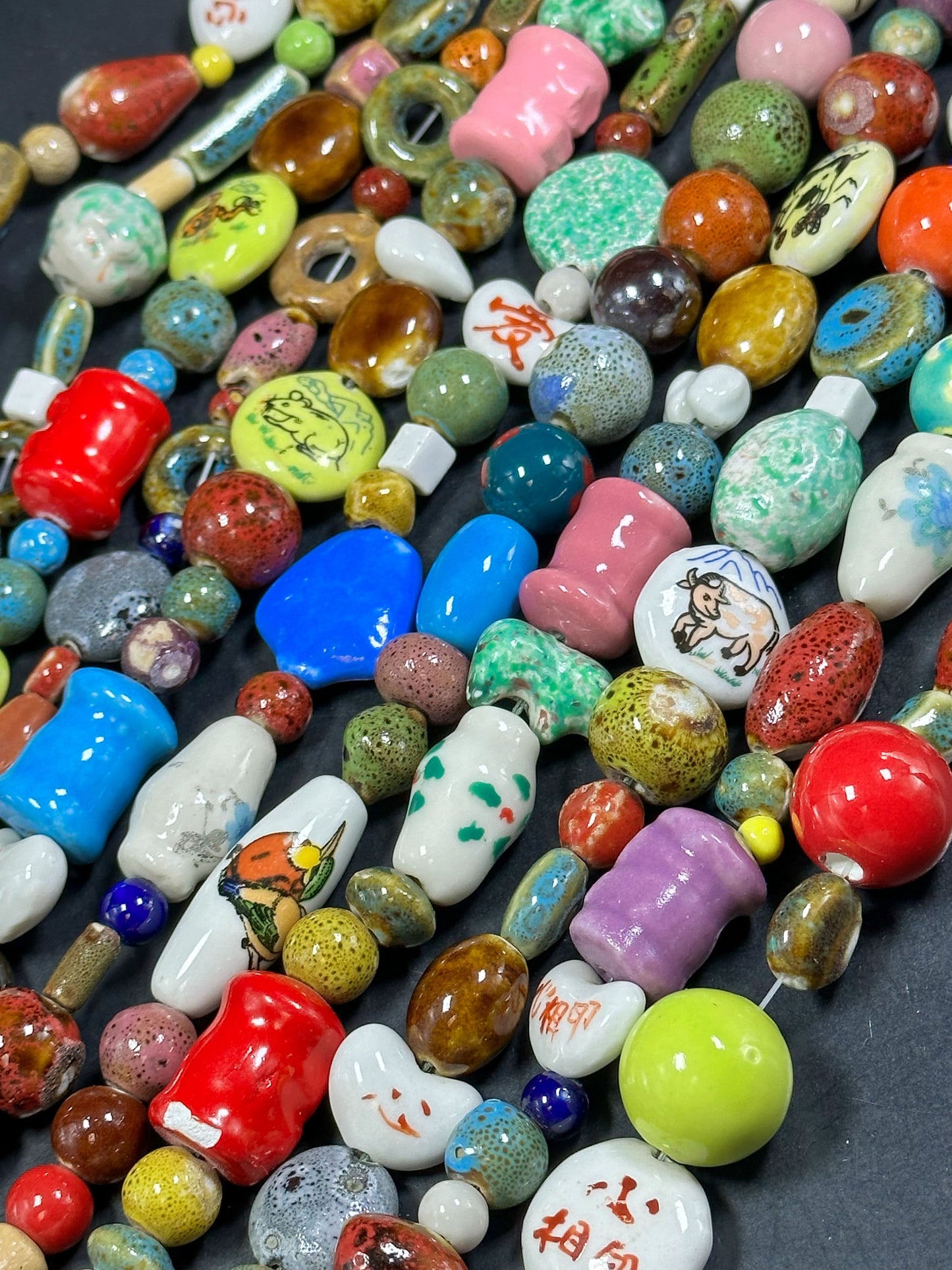 Mixed Hand Painted/Designed Beads Multiple Freeform Ceramic Beads, Beautiful Multicolor Beads Loose Craft Jewelry Beads Full Strand 15.5"