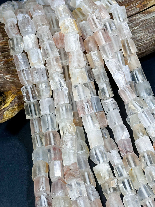 Natural Matte Rock Crystal Quartz Gemstone Bead 15-16mm Freeform Tube Shape, Beautiful Light Orange Salmon Color Beads Full Strand 15.5"