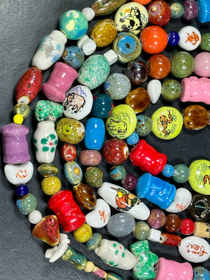 Mixed Hand Painted/Designed Beads Multiple Freeform Ceramic Beads, Beautiful Multicolor Beads Loose Craft Jewelry Beads Full Strand 15.5"