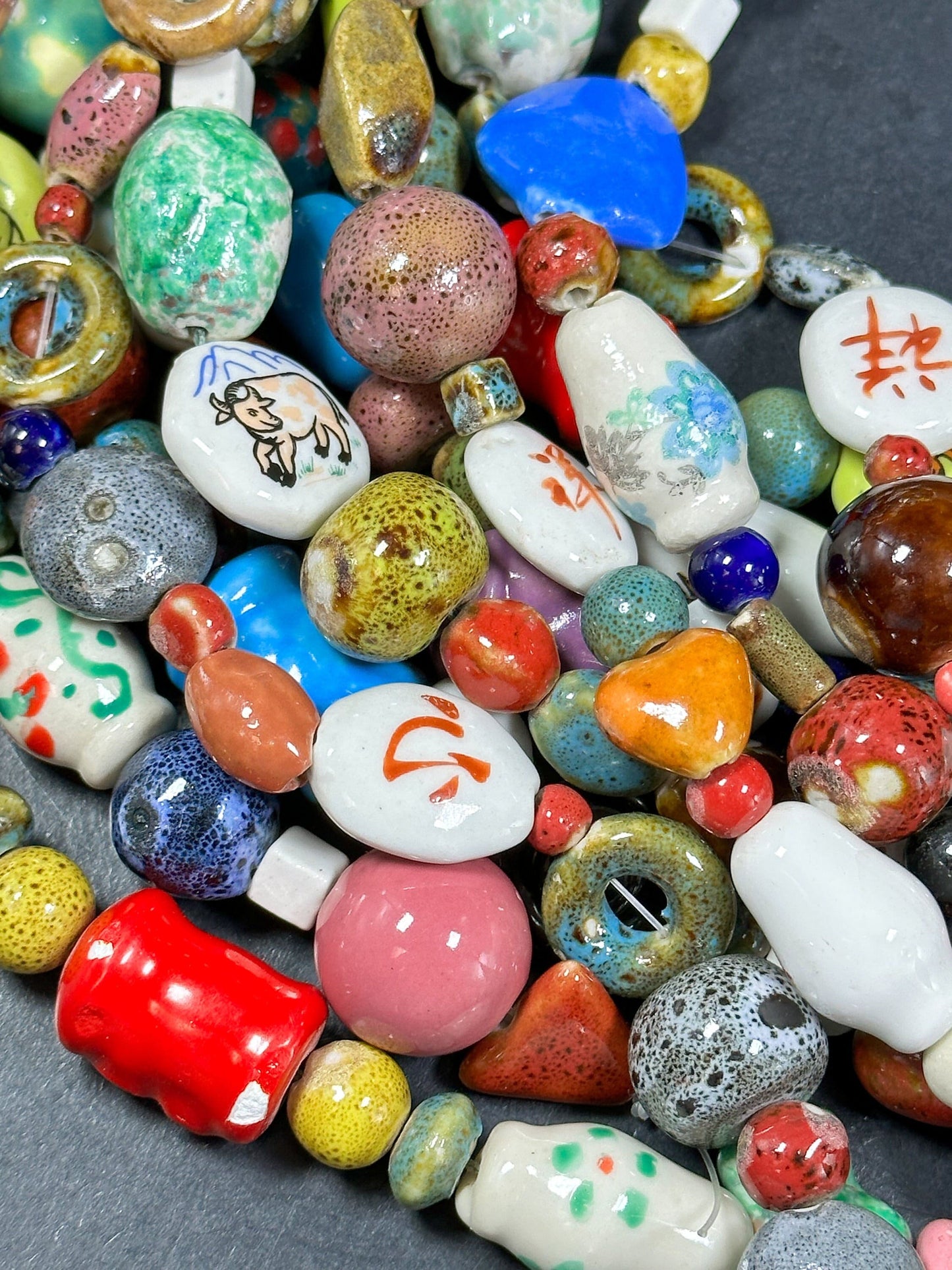 Mixed Hand Painted/Designed Beads Multiple Freeform Ceramic Beads, Beautiful Multicolor Beads Loose Craft Jewelry Beads Full Strand 15.5"