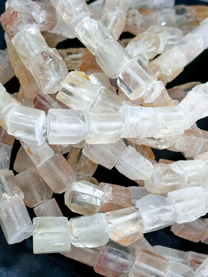 Natural Matte Rock Crystal Quartz Gemstone Bead 15-16mm Freeform Tube Shape, Beautiful Light Orange Salmon Color Beads Full Strand 15.5"