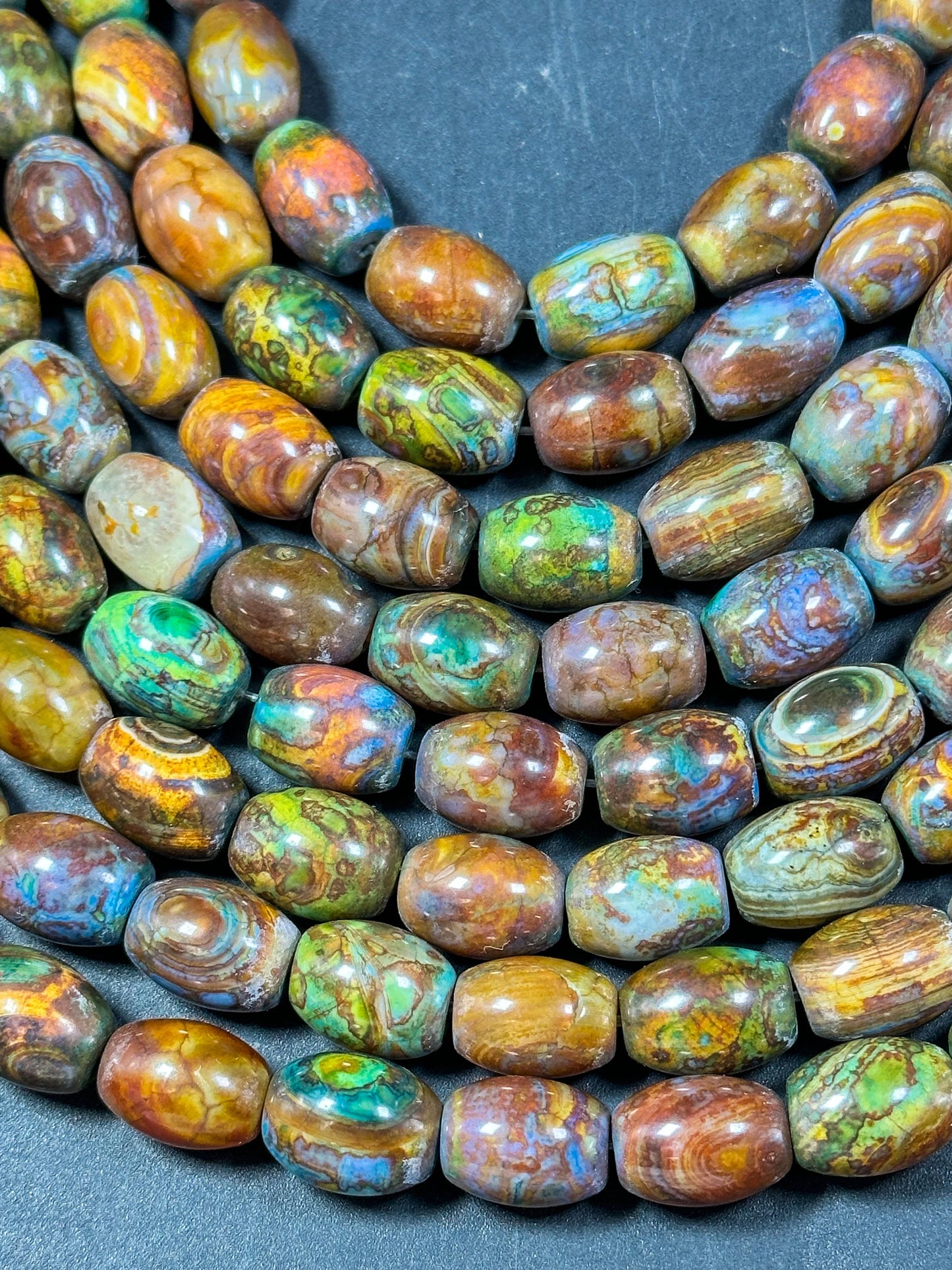 AAA NATURAL Tibetan Gemstone Bead 15x19mm Barrel Shape Bead, Gorgeous Multicolor Orange Brown Turquoise Color Tibetan Stone Bead Full Strand