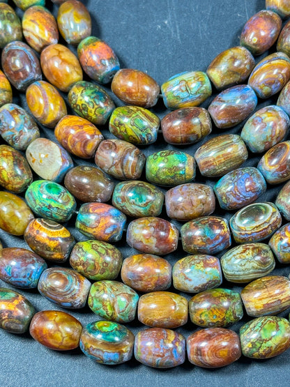 AAA NATURAL Tibetan Gemstone Bead 15x19mm Barrel Shape Bead, Gorgeous Multicolor Orange Brown Turquoise Color Tibetan Stone Bead Full Strand