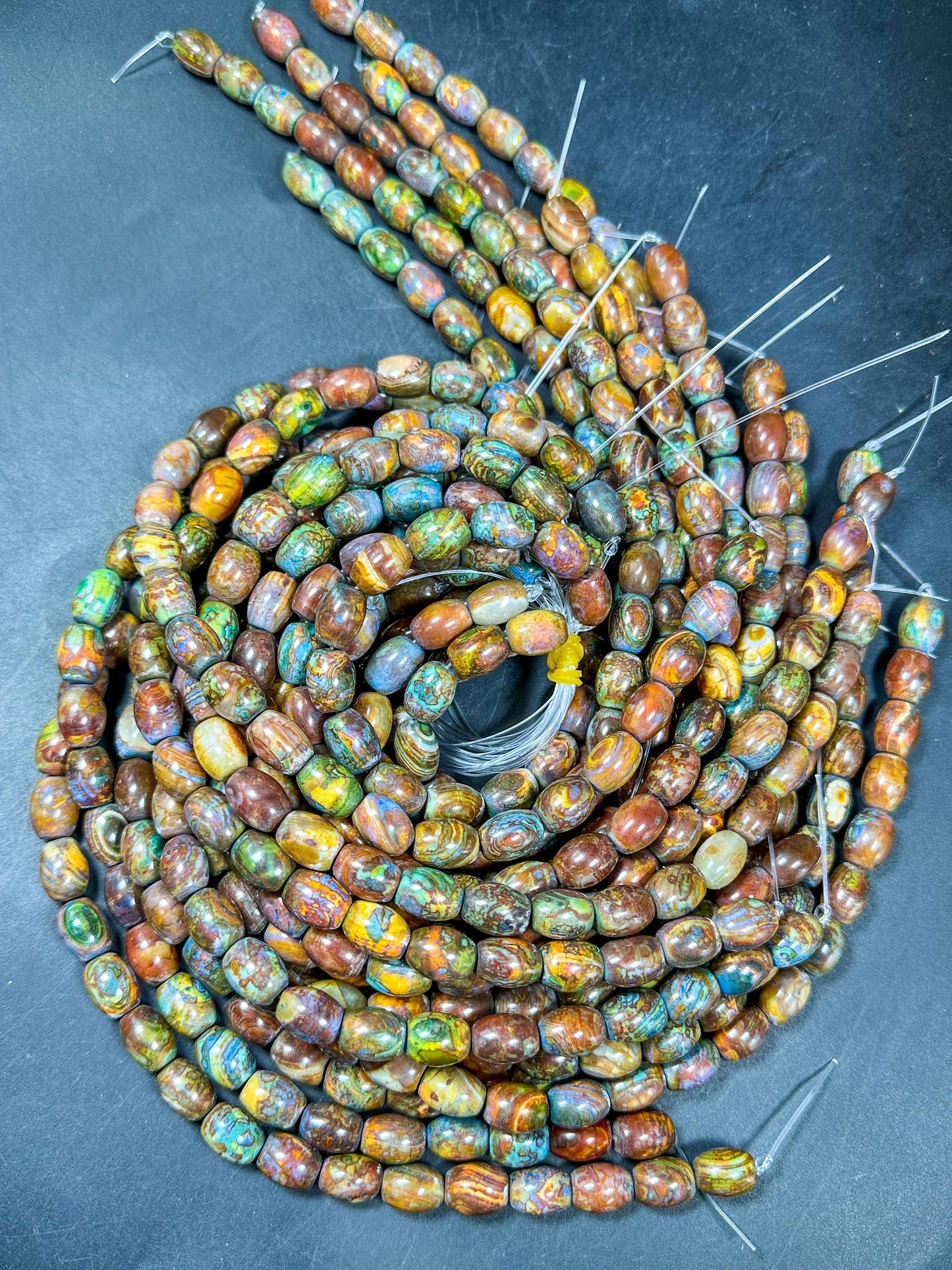 AAA NATURAL Tibetan Gemstone Bead 15x19mm Barrel Shape Bead, Gorgeous Multicolor Orange Brown Turquoise Color Tibetan Stone Bead Full Strand