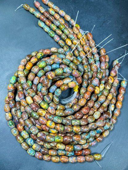 AAA NATURAL Tibetan Gemstone Bead 15x19mm Barrel Shape Bead, Gorgeous Multicolor Orange Brown Turquoise Color Tibetan Stone Bead Full Strand