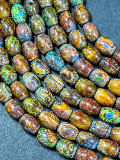 AAA NATURAL Tibetan Gemstone Bead 15x19mm Barrel Shape Bead, Gorgeous Multicolor Orange Brown Turquoise Color Tibetan Stone Bead Full Strand