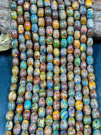 AAA NATURAL Tibetan Gemstone Bead 15x19mm Barrel Shape Bead, Gorgeous Multicolor Orange Brown Turquoise Color Tibetan Stone Bead Full Strand