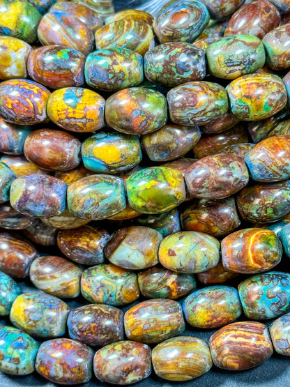 AAA NATURAL Tibetan Gemstone Bead 15x19mm Barrel Shape Bead, Gorgeous Multicolor Orange Brown Turquoise Color Tibetan Stone Bead Full Strand