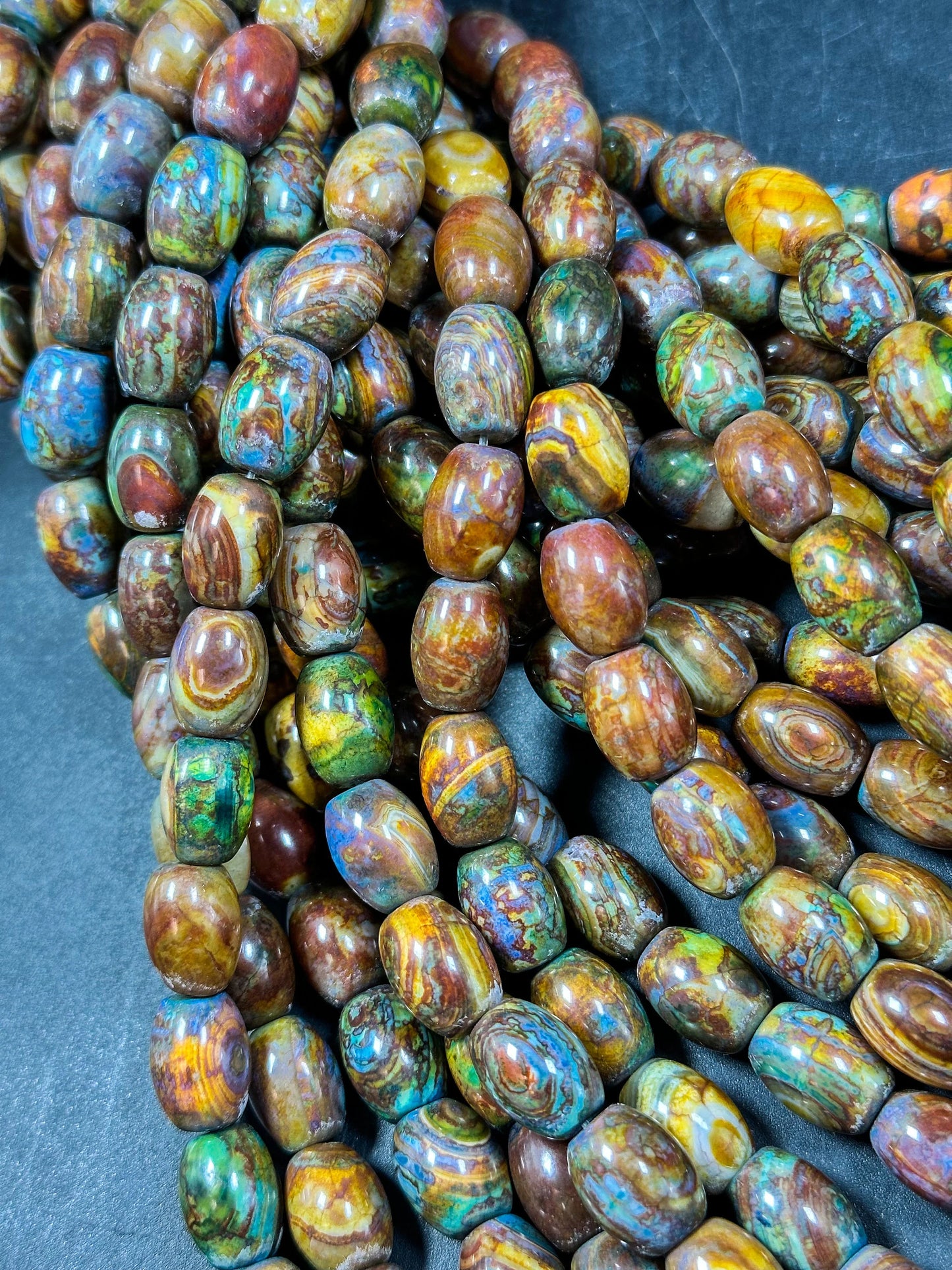 AAA NATURAL Tibetan Gemstone Bead 15x19mm Barrel Shape Bead, Gorgeous Multicolor Orange Brown Turquoise Color Tibetan Stone Bead Full Strand