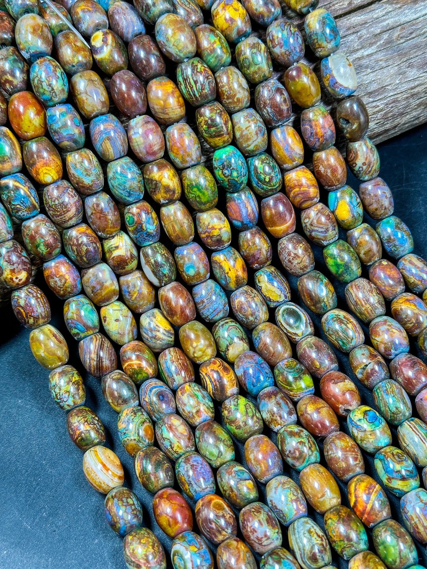 AAA NATURAL Tibetan Gemstone Bead 15x19mm Barrel Shape Bead, Gorgeous Multicolor Orange Brown Turquoise Color Tibetan Stone Bead Full Strand