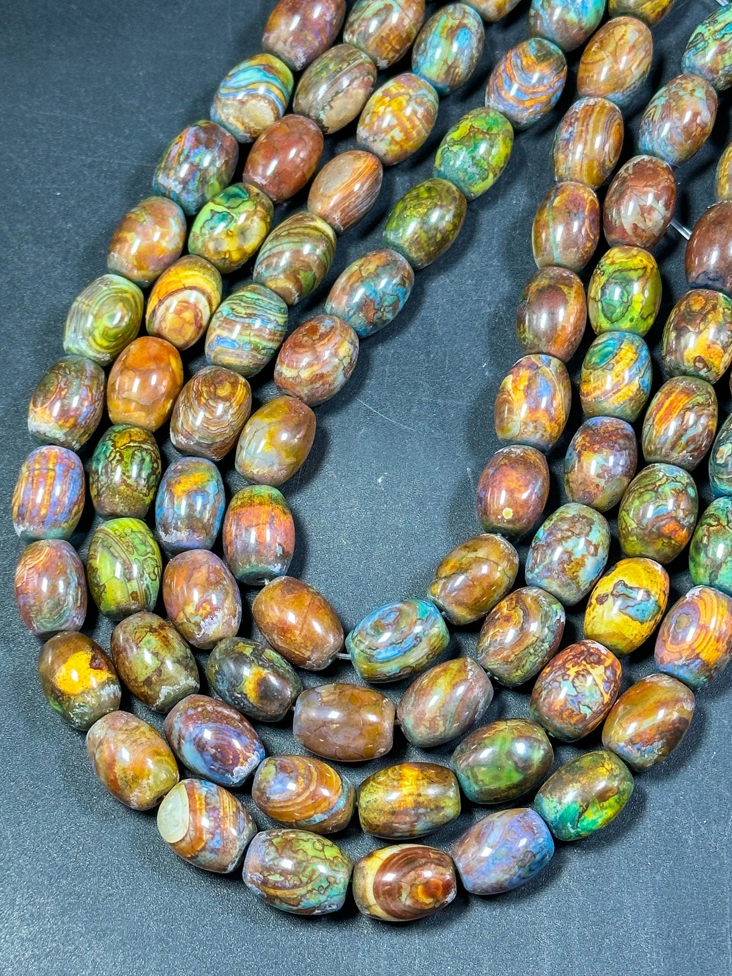 AAA NATURAL Tibetan Gemstone Bead 15x19mm Barrel Shape Bead, Gorgeous Multicolor Orange Brown Turquoise Color Tibetan Stone Bead Full Strand