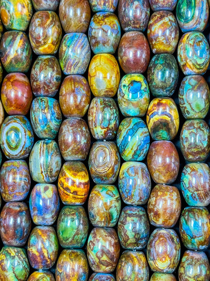 AAA NATURAL Tibetan Gemstone Bead 15x19mm Barrel Shape Bead, Gorgeous Multicolor Orange Brown Turquoise Color Tibetan Stone Bead Full Strand