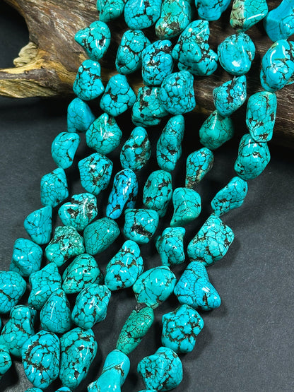 Natural 17mm Nugget Blue Chinese Turquoise Gemstone Beads - Freeform Nugget - Beautiful Blue Turquoise Gemstone Bead - Full Strand 15.5”