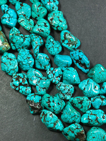 Natural 17mm Nugget Blue Chinese Turquoise Gemstone Beads - Freeform Nugget - Beautiful Blue Turquoise Gemstone Bead - Full Strand 15.5”