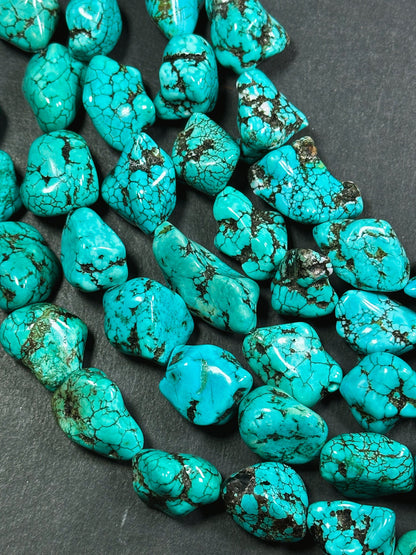 Natural 17mm Nugget Blue Chinese Turquoise Gemstone Beads - Freeform Nugget - Beautiful Blue Turquoise Gemstone Bead - Full Strand 15.5”
