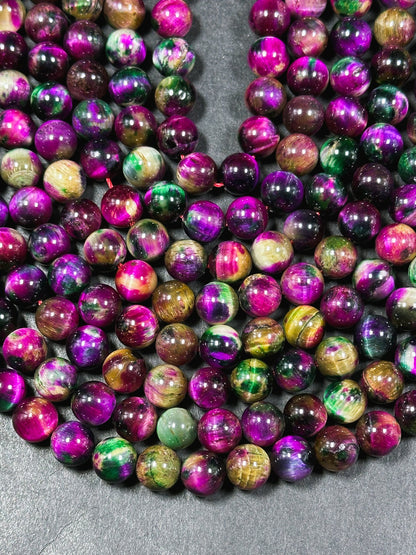 Beautiful Galaxy Fuchsia Pink Tiger Eye Gemstone 8mm Round Beads, Gorgeous Multicolor Fuchsia Pink Color Tiger Eye Gemstone Beads 15.5"