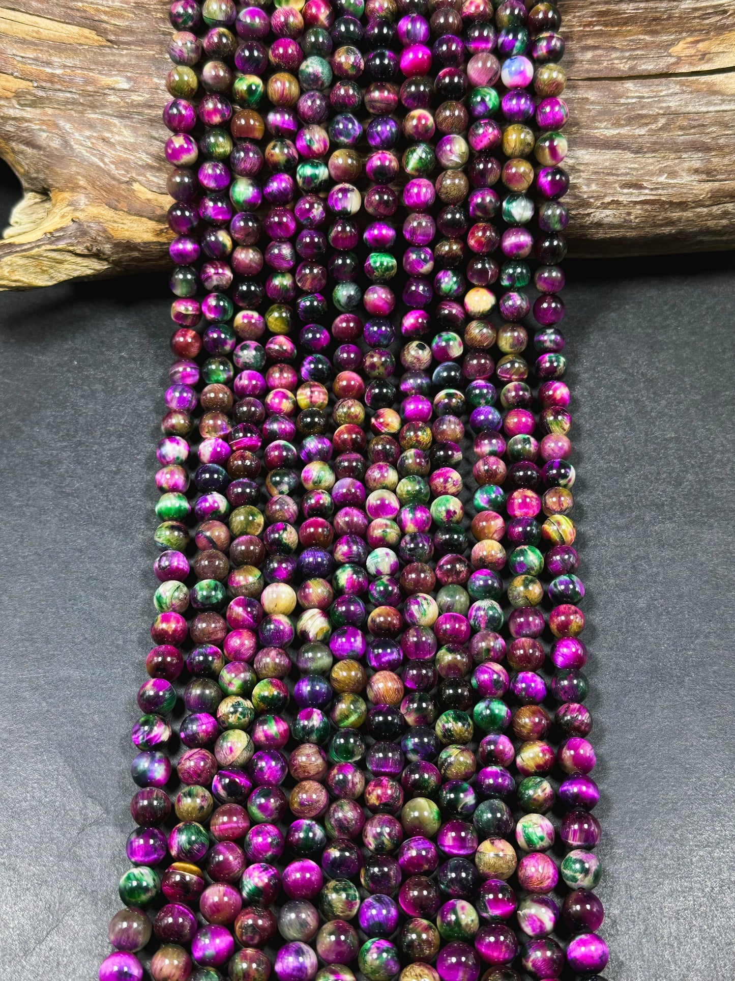 Beautiful Galaxy Fuchsia Pink Tiger Eye Gemstone 8mm Round Beads, Gorgeous Multicolor Fuchsia Pink Color Tiger Eye Gemstone Beads 15.5"