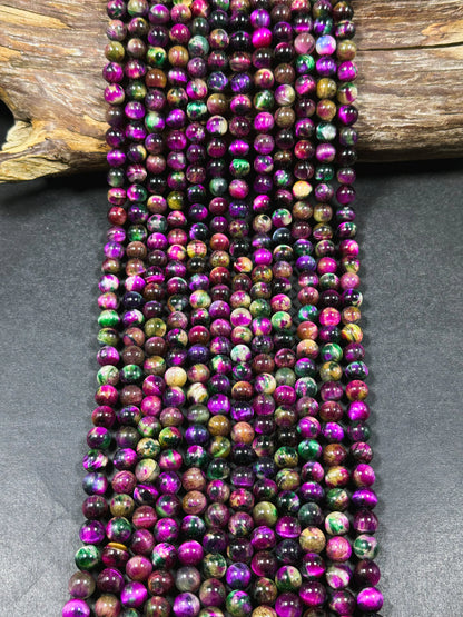 Beautiful Galaxy Fuchsia Pink Tiger Eye Gemstone 8mm Round Beads, Gorgeous Multicolor Fuchsia Pink Color Tiger Eye Gemstone Beads 15.5"