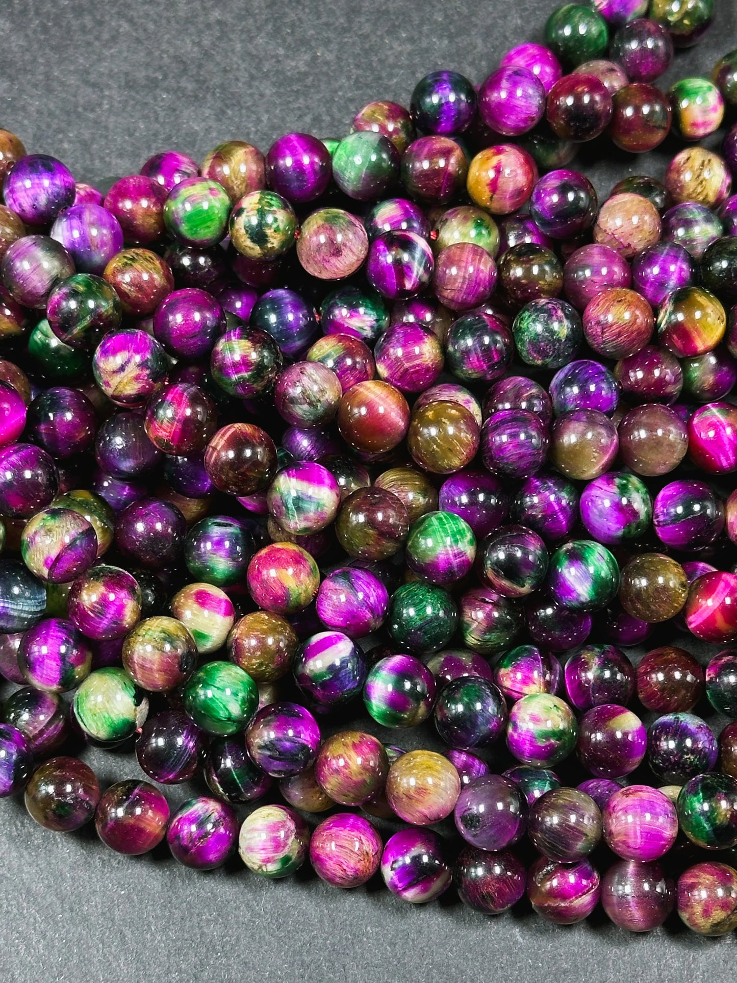 Beautiful Galaxy Fuchsia Pink Tiger Eye Gemstone 8mm Round Beads, Gorgeous Multicolor Fuchsia Pink Color Tiger Eye Gemstone Beads 15.5"