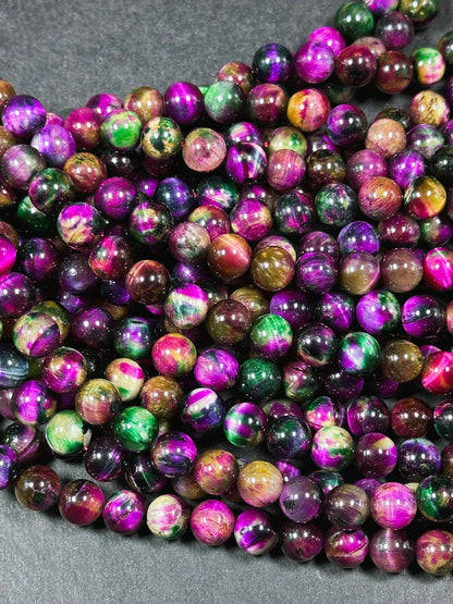 Beautiful Galaxy Fuchsia Pink Tiger Eye Gemstone 8mm Round Beads, Gorgeous Multicolor Fuchsia Pink Color Tiger Eye Gemstone Beads 15.5"
