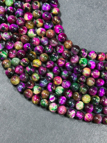 Beautiful Galaxy Fuchsia Pink Tiger Eye Gemstone 8mm Round Beads, Gorgeous Multicolor Fuchsia Pink Color Tiger Eye Gemstone Beads 15.5"