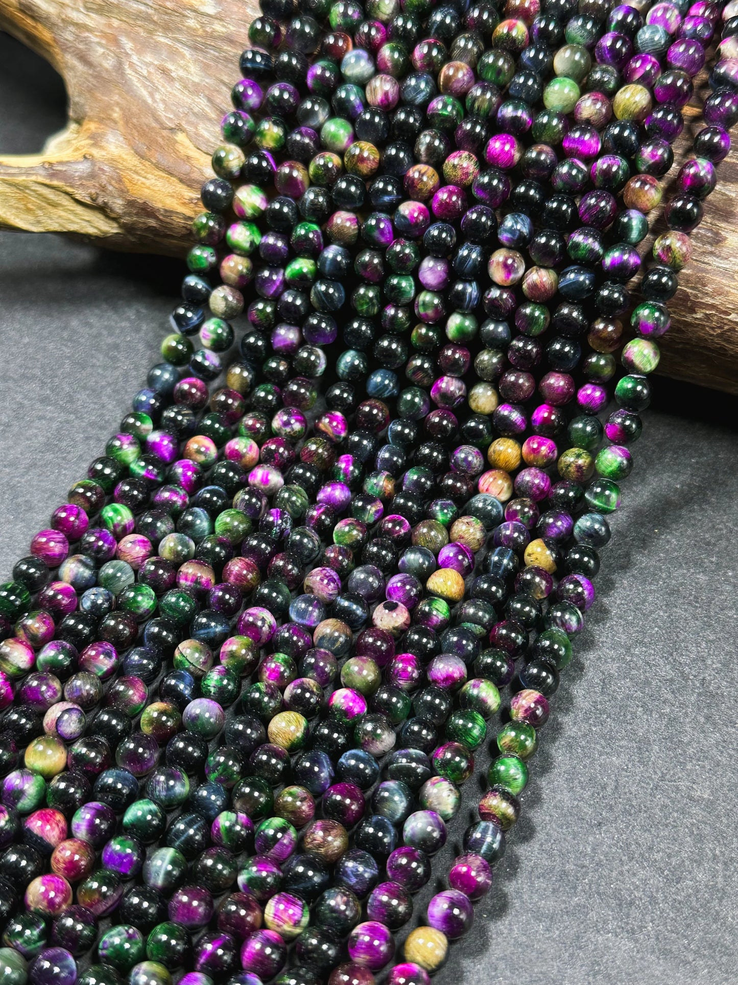 Natural Multicolor Tiger Eye Gemstone 6mm Round Beads, Gorgeous Multicolor Black Pink Green Navy Blue Color Tiger Eye Gemstone Beads 15.5"