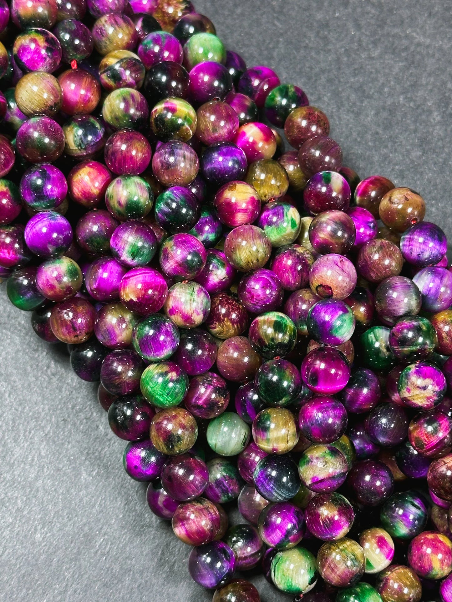 Beautiful Galaxy Fuchsia Pink Tiger Eye Gemstone 8mm Round Beads, Gorgeous Multicolor Fuchsia Pink Color Tiger Eye Gemstone Beads 15.5"