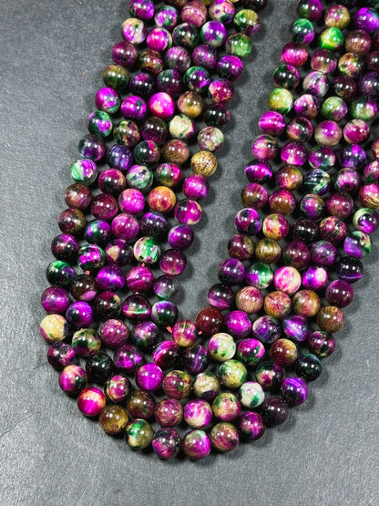 Beautiful Galaxy Fuchsia Pink Tiger Eye Gemstone 8mm Round Beads, Gorgeous Multicolor Fuchsia Pink Color Tiger Eye Gemstone Beads 15.5"