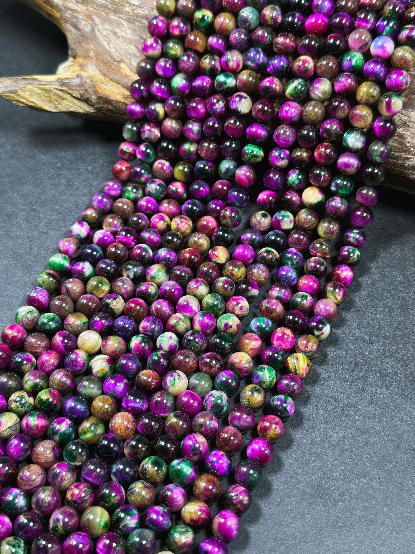 Beautiful Galaxy Fuchsia Pink Tiger Eye Gemstone 8mm Round Beads, Gorgeous Multicolor Fuchsia Pink Color Tiger Eye Gemstone Beads 15.5"