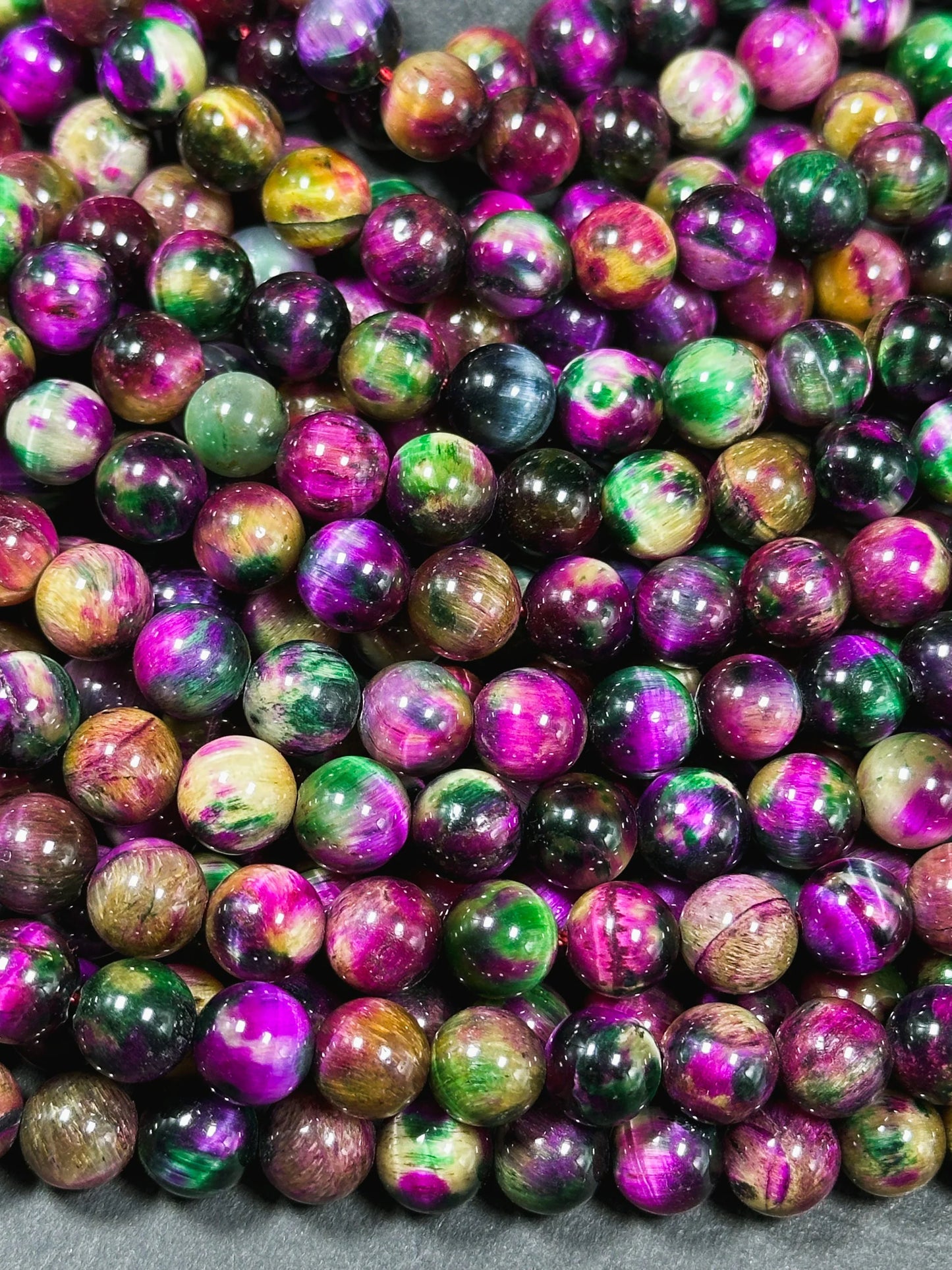 Beautiful Galaxy Fuchsia Pink Tiger Eye Gemstone 8mm Round Beads, Gorgeous Multicolor Fuchsia Pink Color Tiger Eye Gemstone Beads 15.5"