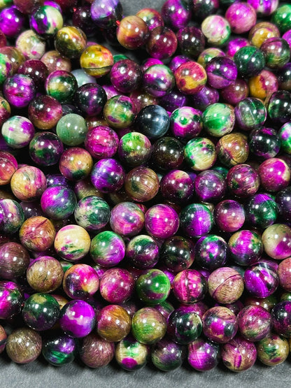 Beautiful Galaxy Fuchsia Pink Tiger Eye Gemstone 8mm Round Beads, Gorgeous Multicolor Fuchsia Pink Color Tiger Eye Gemstone Beads 15.5"
