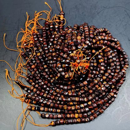 Natural Red Tigers Eye Loose Gemstone Beads - 7/9mm Faceted Cube Beads - Natural Red Brown Color tiger eye gemstone. Excellent Quality 15.5”