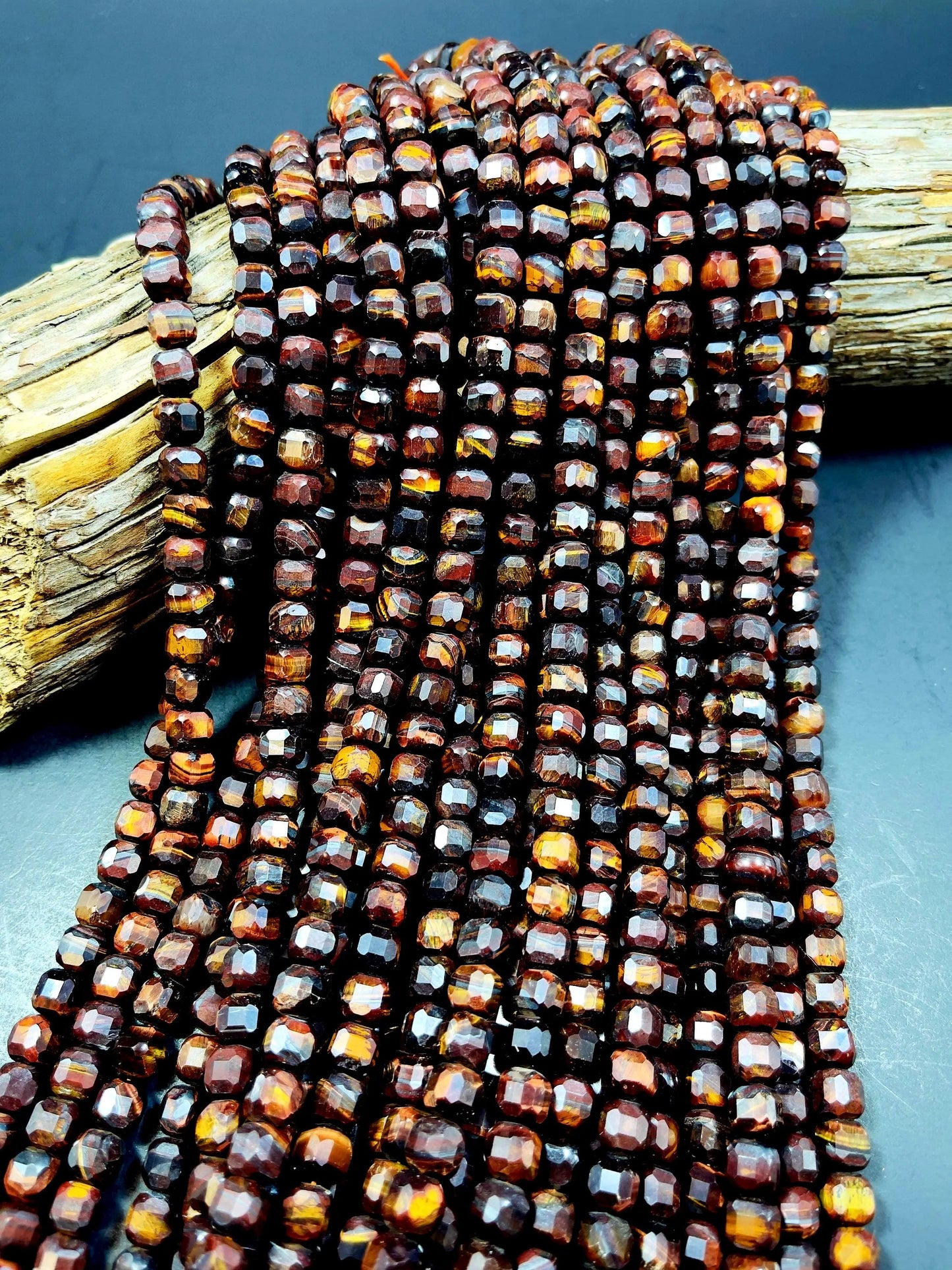 Natural Red Tigers Eye Loose Gemstone Beads - 7/9mm Faceted Cube Beads - Natural Red Brown Color tiger eye gemstone. Excellent Quality 15.5”
