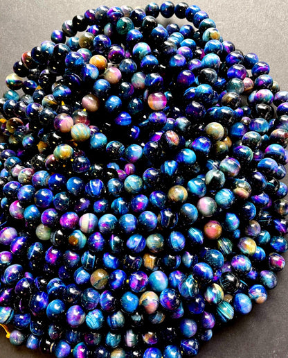 Natural multi tiger eye. Galaxy tiger eye bead . 6mm 8mm 10mm 12mm round bead . Gorgeous blue purple multi color tiger eye bead . 15.5”