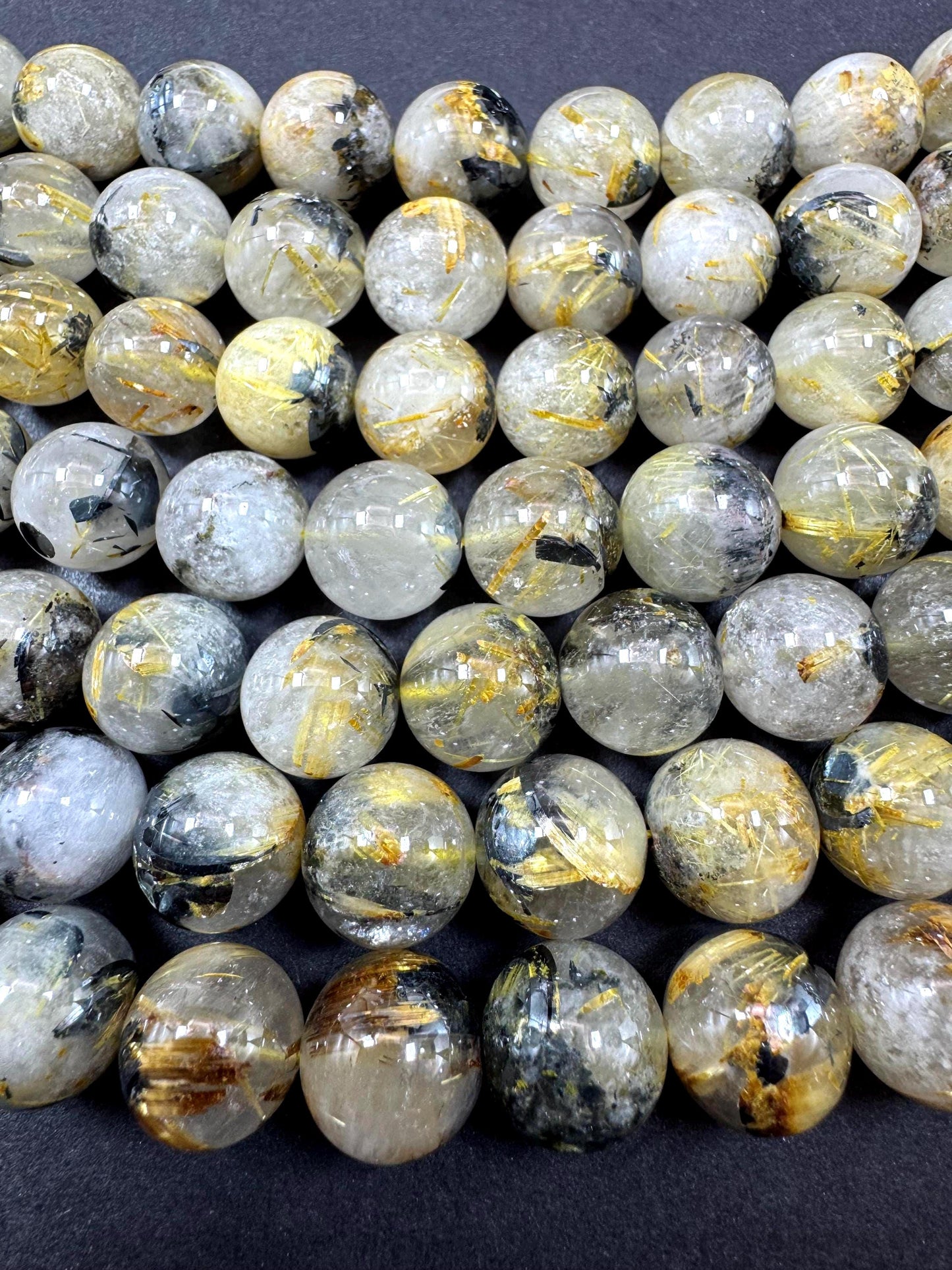 Natural Gold Rutilated Quartz Gemstone Bead. Smooth Round Bead. Excellent Quality. Unique Gold Rutilated Quartz. Full Strand 15.5”