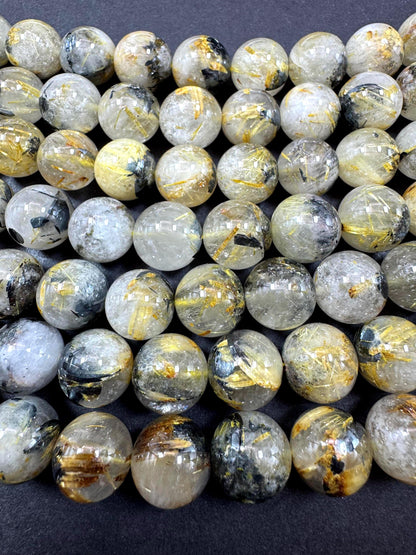 Natural Gold Rutilated Quartz Gemstone Bead. Smooth Round Bead. Excellent Quality. Unique Gold Rutilated Quartz. Full Strand 15.5”