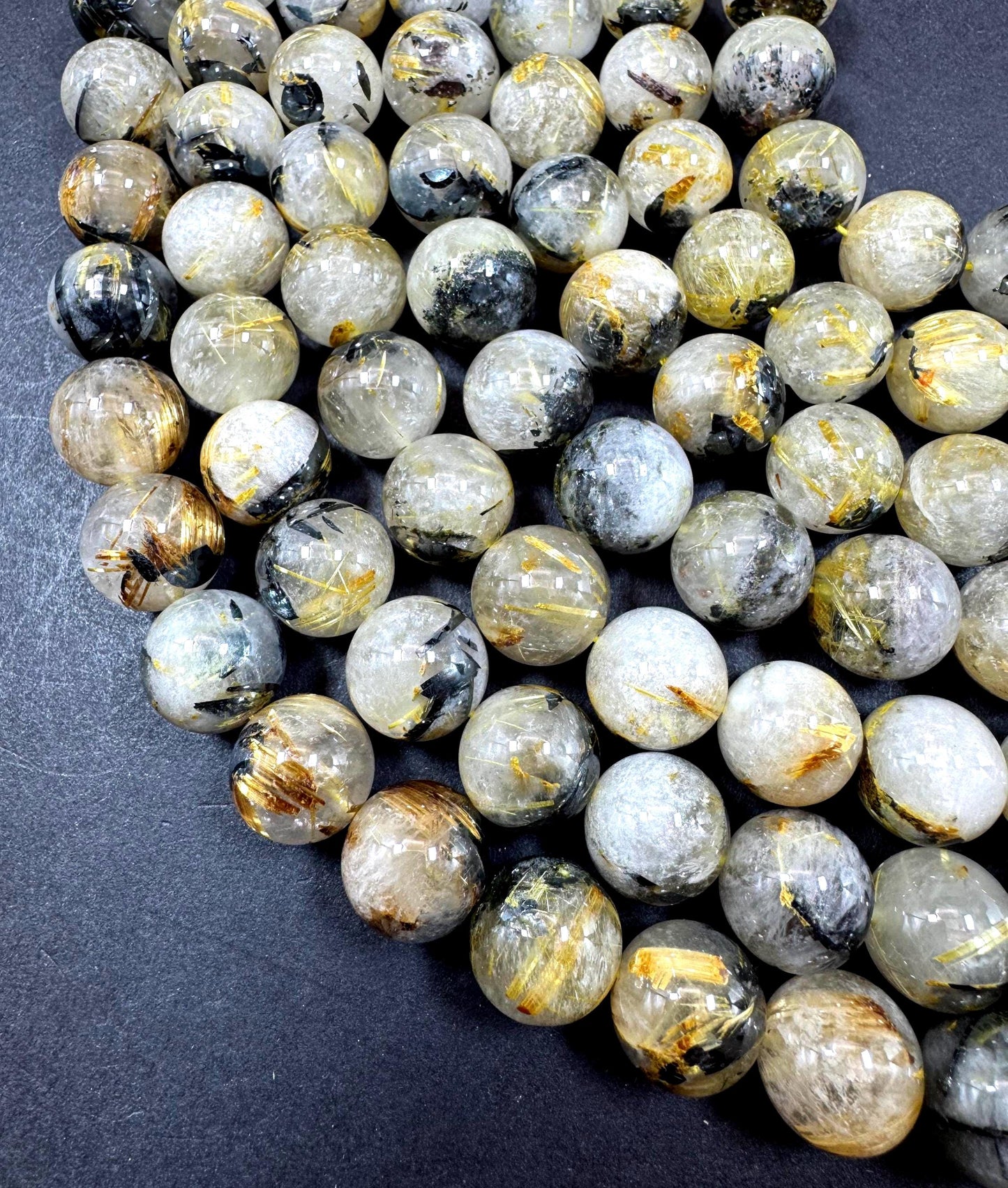 Natural Gold Rutilated Quartz Gemstone Bead. Smooth Round Bead. Excellent Quality. Unique Gold Rutilated Quartz. Full Strand 15.5”