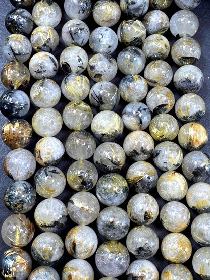 Natural Gold Rutilated Quartz Gemstone Bead. Smooth Round Bead. Excellent Quality. Unique Gold Rutilated Quartz. Full Strand 15.5”