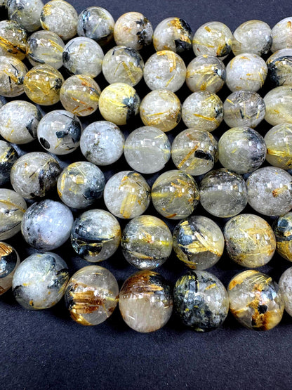 Natural Gold Rutilated Quartz Gemstone Bead. Smooth Round Bead. Excellent Quality. Unique Gold Rutilated Quartz. Full Strand 15.5”