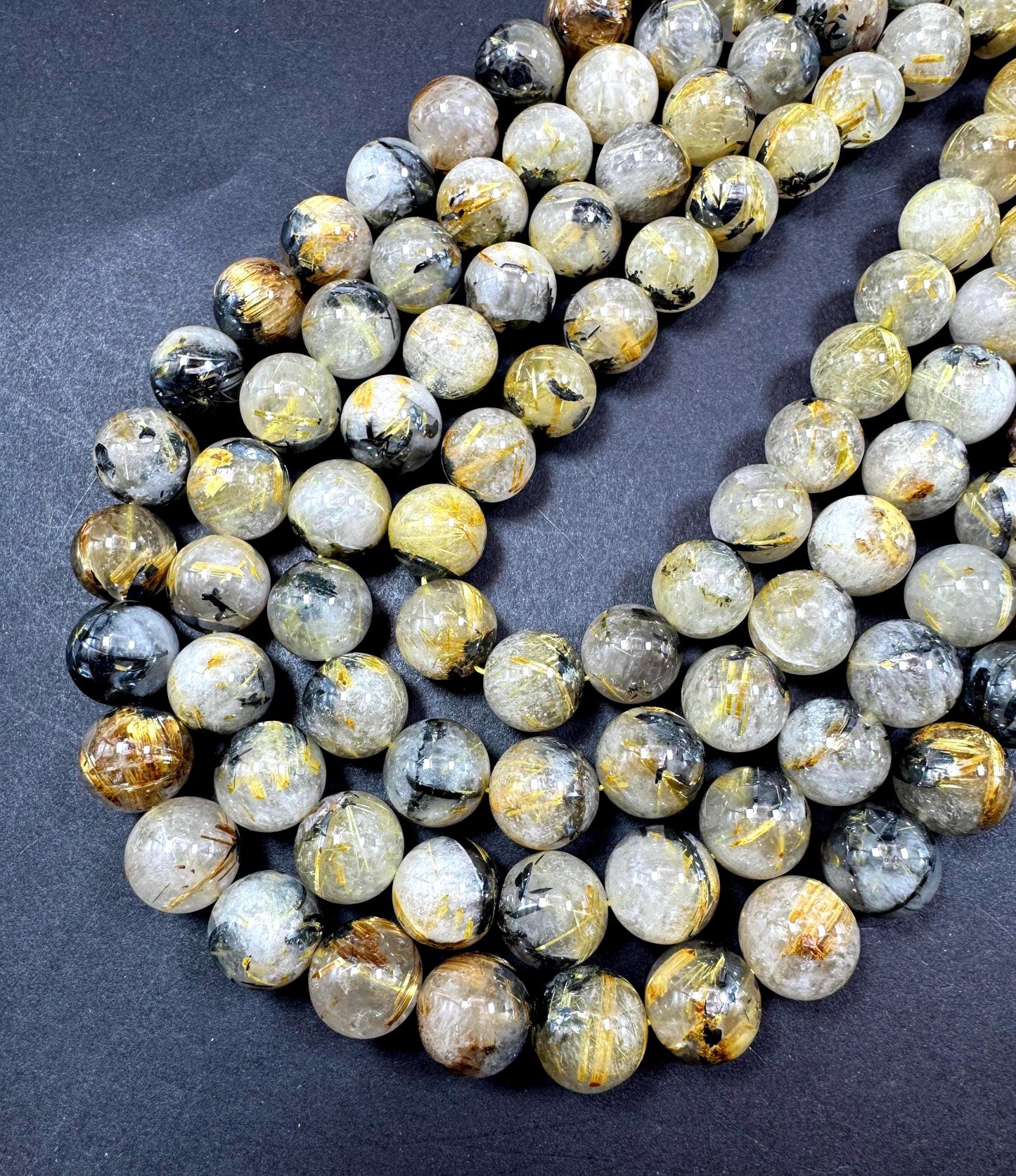 Natural Gold Rutilated Quartz Gemstone Bead. Smooth Round Bead. Excellent Quality. Unique Gold Rutilated Quartz. Full Strand 15.5”