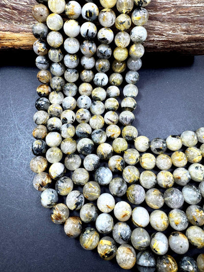 Natural Gold Rutilated Quartz Gemstone Bead. Smooth Round Bead. Excellent Quality. Unique Gold Rutilated Quartz. Full Strand 15.5”