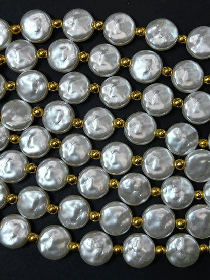 Chinese Swarovski Pearl Crystal Beads 14mm coin Bead, Beautiful White Swarovski Crystal Pearl  7.5"