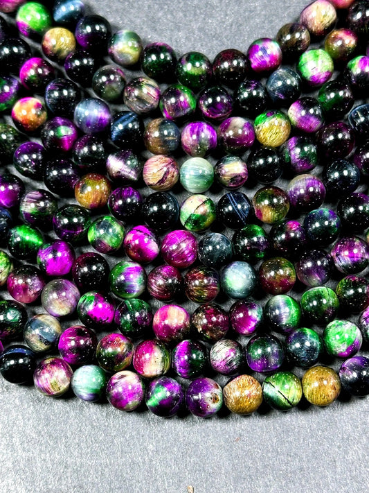 Natural Multicolor Tiger Eye Gemstone 6mm Round Beads, Gorgeous Multicolor Black Pink Green Navy Blue Color Tiger Eye Gemstone Beads 15.5"